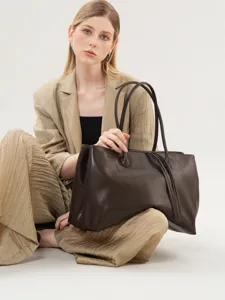 Vintage Genuine Leather Tote Bag For Women Large Capacity Minimalist Fashion Underarm Shoulder Bag Commuter Handbag