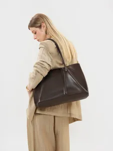 Vintage genuine leather shoulder tote bag for women, large capacity minimalist underarm bag.