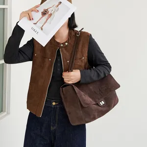 Braune Wildleder Umhängetasche für Damen große Kapazität Shopper Tasche Vintage Stil chic