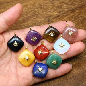 Natural stone rhombus crystal pendant necklace, gold sun star inlaid gemstone jewelry.