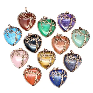Natuurlijke edelsteen hart kristal hanger met vintage brons levensboom design sieraden
