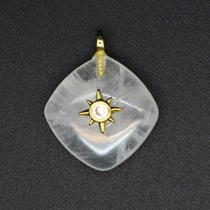 Diamond-shaped natural crystal pendant with gold starburst zircon charm necklace item.
