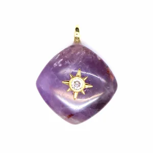 Rhombus purple crystal pendant necklace with gold sun star rhinestone design for women daily wear.