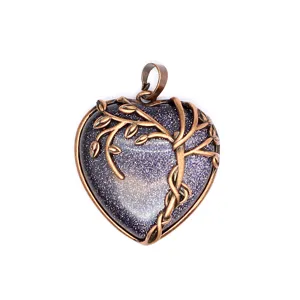 Retro hart blauwe goudsteen hanger koperdraad gewikkelde boom tak kristal sieraden