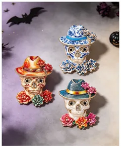 Broche crâne Jour des Morts strass rose fedora chapeau épingle accessoire Halloween