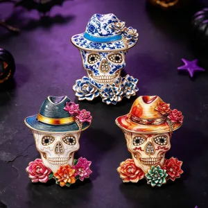 Broche crane fete des morts strass rose fleur fedora chapeau epingle halloween