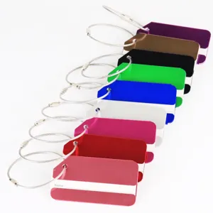 Colorful aluminum metal luggage tags with steel wire loops, durable travel bag ID tags.
