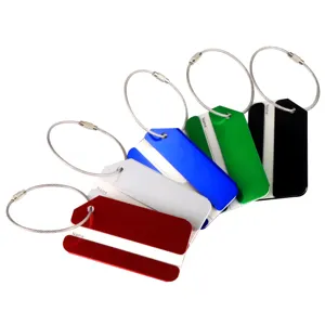 Durable colorful aluminum metal luggage tags with steel wire loops for travel bags.