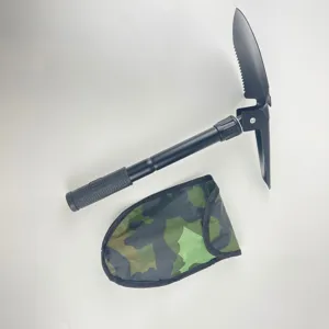 Multifunctional folding camping shovel with camouflage pouch, durable outdoor tool for hiking.
