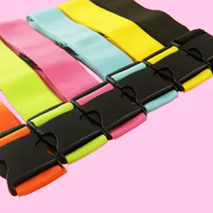 Adjustable colorful luggage straps with durable plastic buckles for secure travel and packing bags.