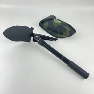 Multi-function folding shovel, compact outdoor camping tool with camo pouch, durable black metal.