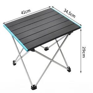 Portable folding camping table with compact aluminum frame and dimension details for outdoor use.