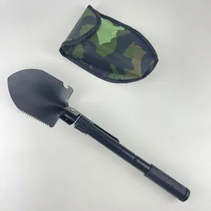 Detail view of multi-functional folding camping shovel with camo pouch, rugged outdoor tool.
