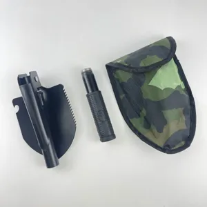 Multifunctional folding camping shovel tool set with camo pouch for outdoor and fishing.