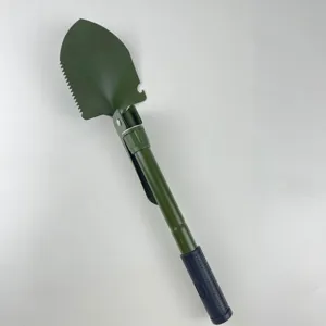 Detailed view of the army green multi-functional folding tactical shovel with serrated edge.