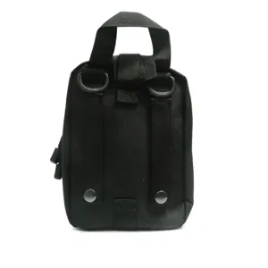 Black tactical medical pouch utility accessory bag with MOLLE webbing and metal snap buttons.