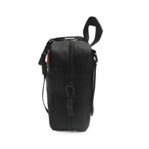 Tactical medical pouch side detail view, durable black nylon molle utility bag for outdoor hiking.