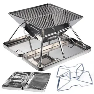 Portable stainless steel folding BBQ grill for outdoor camping and cooking picnics.