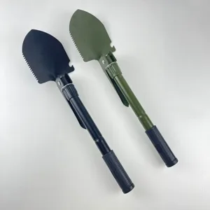 Multi-functional folding camping shovel, tactical military entrenching tool for outdoor survival.