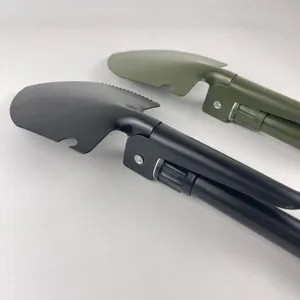 Multi-function folding camping shovel, durable metal tool for outdoor hiking and fishing.