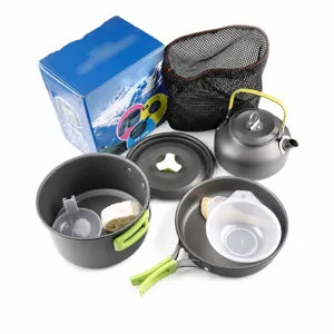 Outdoor camping cookware set portable aluminum alloy pot tea kettle kit for hiking