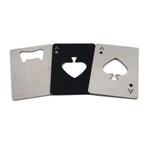 Stainless steel Ace of Spades poker card bottle opener, slim credit card size, durable tool.