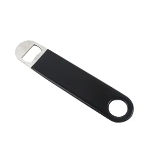 Edelstahl Flaschenöffner mit schwarzem Gummigriff, langlebiges flaches Design für Barwerkzeuge.