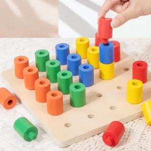 Wooden educational sorting peg toy, Montessori sensory cylinder blocks for kids early learning.