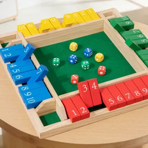 Large wooden four-sided dice game tabletop educational interactive toy with number tiles.