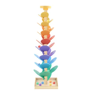 Wooden rainbow marble tree toy Montessori educational building block set with colorful balls.