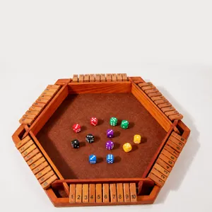 Hexagonal wooden shut the box board game with colorful dice for math learning and family fun.