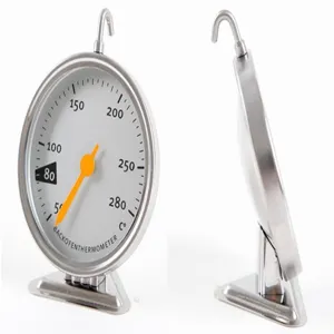 Stainless steel oven thermometer for baking, mechanical dial gauge 50-280 degrees Celsius.