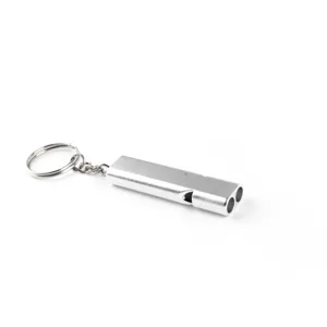 Sifflet de survie en metal a double tube porte-cles pour camping en plein air et urgence.