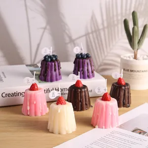 Handmade strawberry and blueberry pudding scented candles, cute fruit dessert wax home decor.