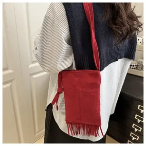 Bolso bandolera de ante rojo con flecos boho para mujer, elegante bolso para teléfono.