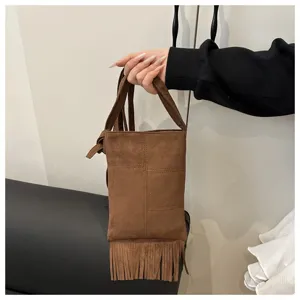 Bolso bandolera vintage bohemio con flecos marrón mujer pequeño bolso de móvil de ante