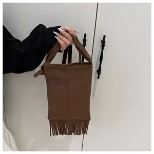 Bolso cruzado de ante vintage con flecos, bolso de hombro pequeño para mujer de moda.