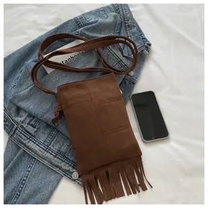 Bolso bandolera boho vintage de ante con flecos para mujer, pequeño bolso para móvil.