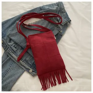 Moda Bolso Bandolera de Ante Rojo con Flecos Estilo Boho Mini Bolso de Hombro para Mujer
