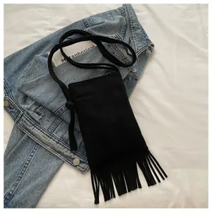 Bolso bandolera con flecos negros estilo bohemio vintage, pequeño bolso para móvil.