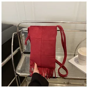 Bolso cruzado de ante vintage con flecos para mujer bolso de teléfono móvil rojo