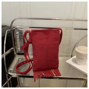 Bolso cruzado de flecos estilo vintage para celular, pequeño bolso rojo de ante elegante.