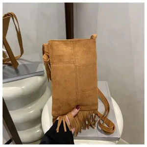 Bolso bandolera con flecos bohemio vintage para mujer, bolso de teléfono de ante, detalle.