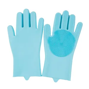 Silicone dishwashing cleaning gloves detail view, dual-sided scrub brushes, bright blue color.