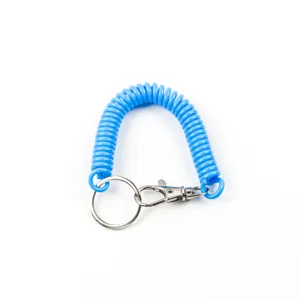 Llavero de resorte azul con anillo y mosquetón de metal, correa elástica antipérdida para llaves.
