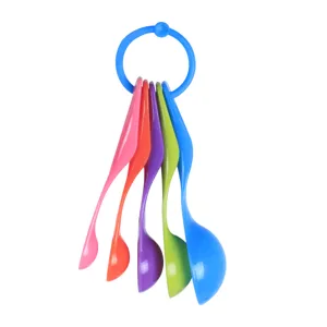 Detailed view of colorful measuring spoons set detail, plastic baking tool rings.