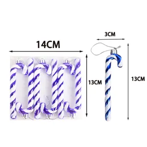Christmas tree plastic candy cane decoration set with hanging string, blue and white glitter design.