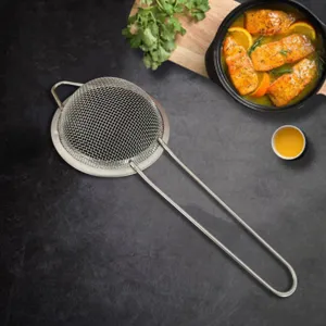 Stainless steel fine mesh kitchen strainer with long handle for oil skimming and filtering.