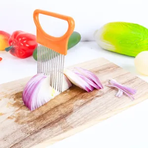Stainless steel onion holder slicer needle vegetable cutter kitchen tool detail view.