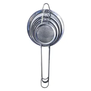 Stainless steel kitchen mesh strainer detail view, nested colander set with long handle for food filtering.